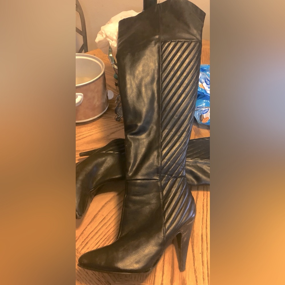 Etc! Black faux leather thigh high boots.